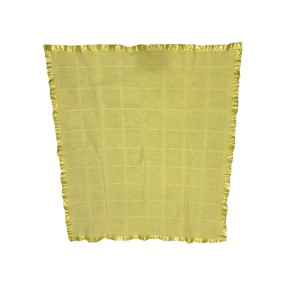 Vintage Yellow Thermal Waffle Weave‎ Satin Nylon Trim Baby Blanket 38x45